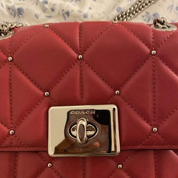 RARE Red Leather Coach Diamond Quilted Silver Studded Crossbody Handbag Purse - Picture 2 of 7